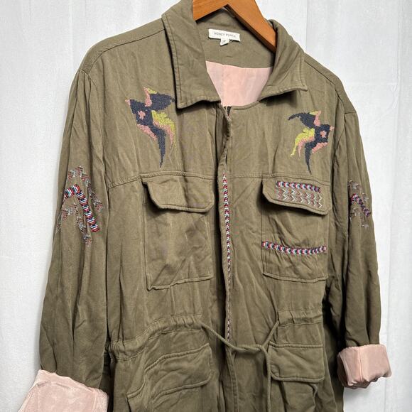 Olive Green Utility Jacket 3x Women’s Embroidered Birds Military Style Boho Fall - Picture 3 of 10